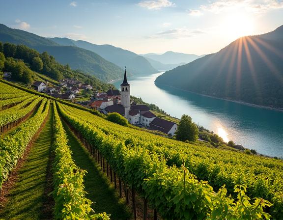 Sommerlicher Blick auf das Donautal in der Wachau mit Weinbergen